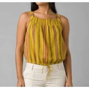 NWT prAna The Little Palm Stripe Smocked Sleeveless Tie Cami Crop Top XL Yellow